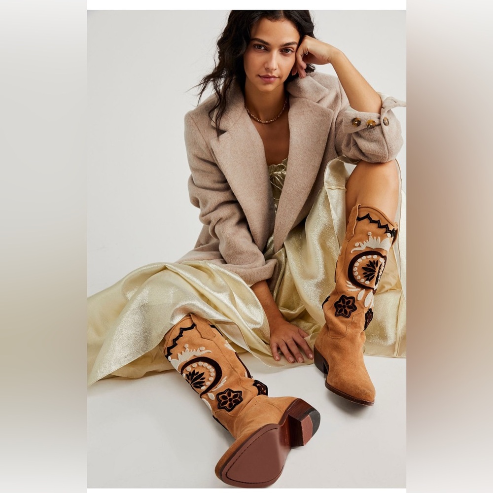 Free People Tan and Brown Embroidered Western Boots